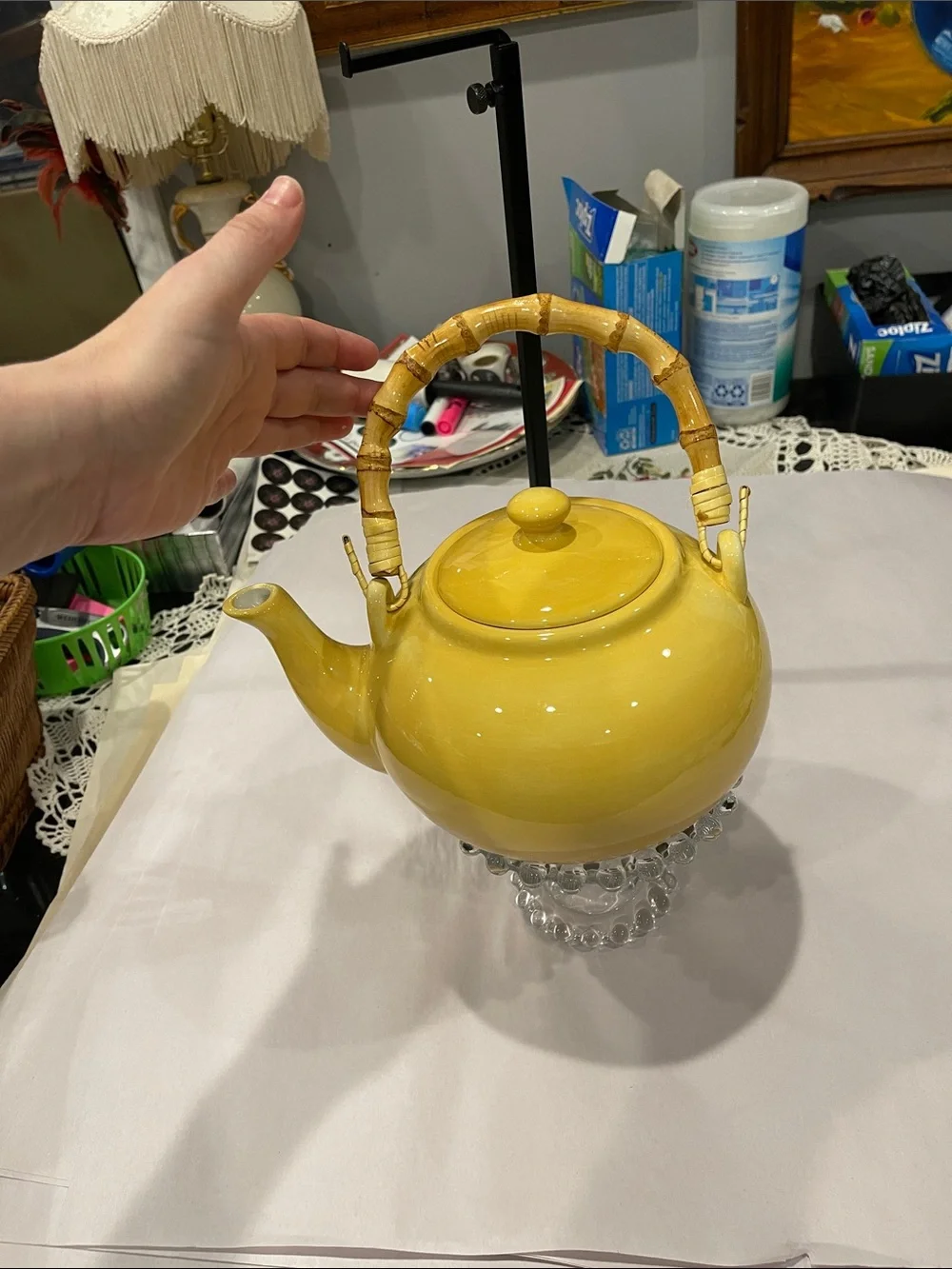 Pottery Barn Sausalito Yellow Ceramic Teapot Bamboo Handle Tea Kettle